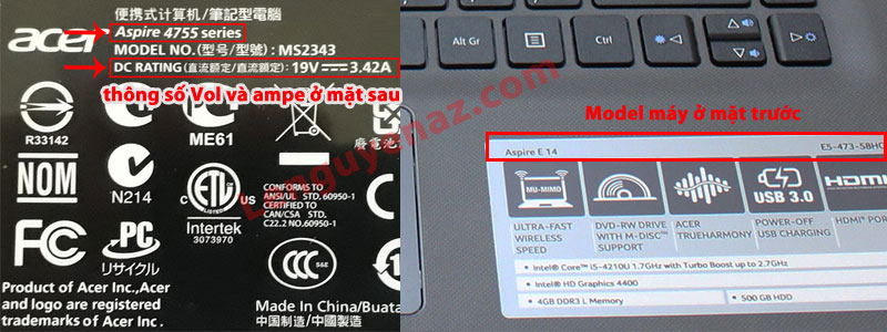 Xem thông số sạc laptop Acer